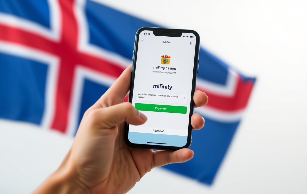 Person som holder en mobiltelefon med MiFinity-betaling på et casino – illustrasjon.