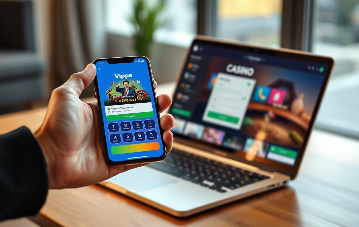 Mobiltelefon med Vipps-app og laptop med casinoinnskudd