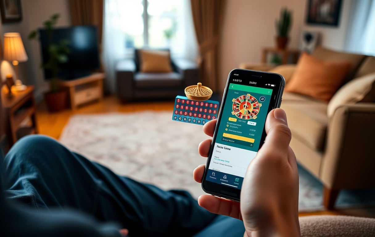 Person som spiller mobilcasino på smarttelefon i stuen